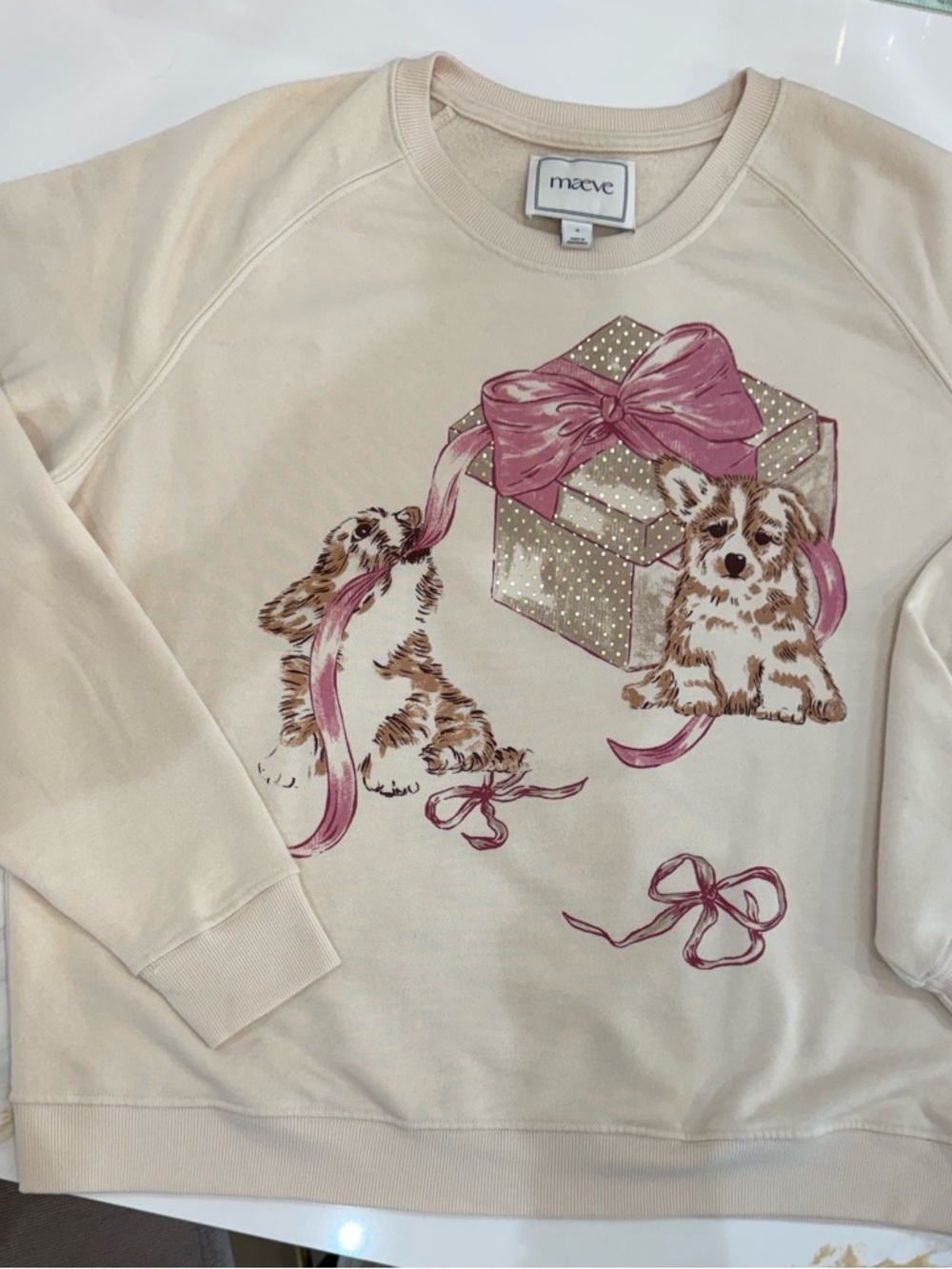 Maeve Cream Pullover with Pink Bow & Puppy Print